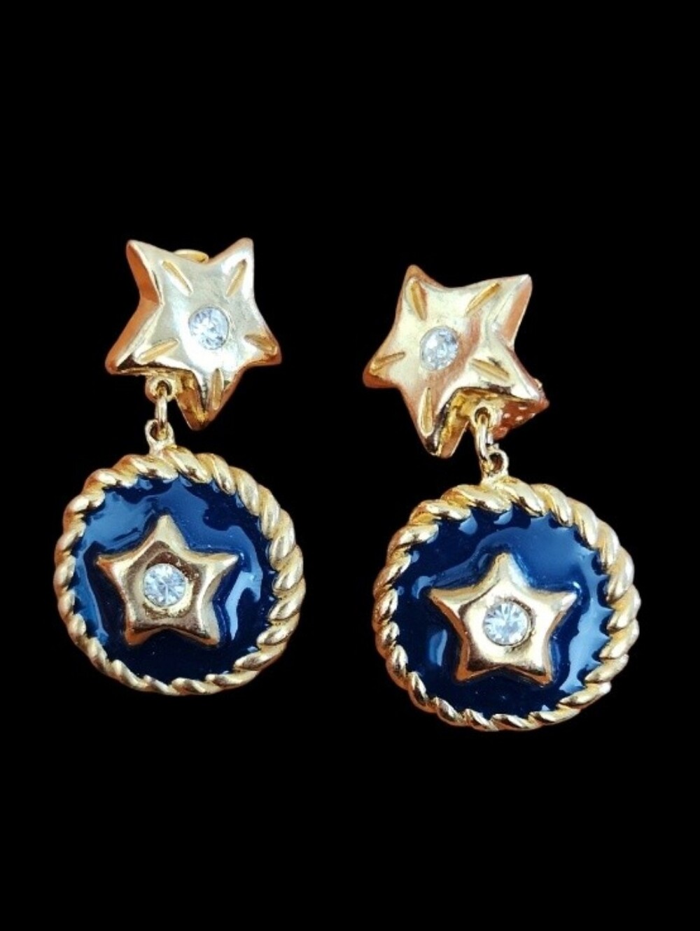 Vintage Gold-Tone Navy Star Drop Earrings With Crystal Accent